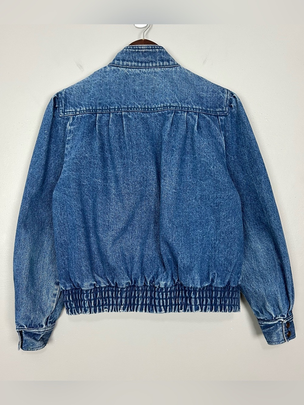 Vintage 80’s Denim Bomber Jacket Women’s Size M Puff Sleeves Snap Front Cotton - Picture 4 of 5